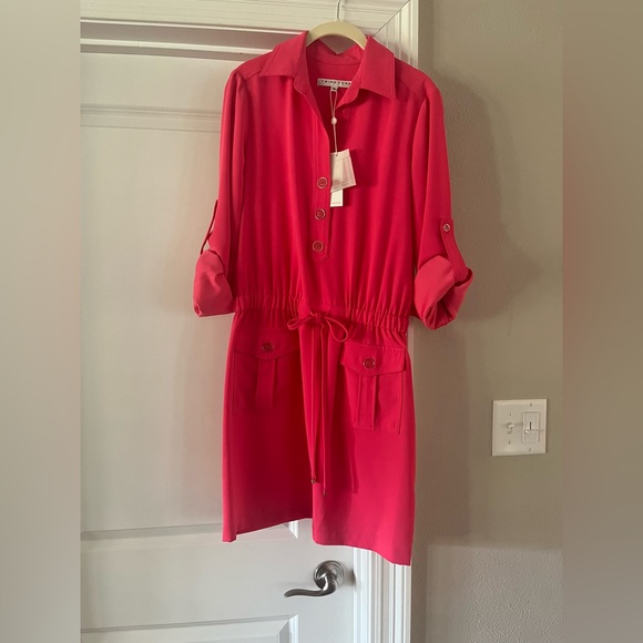 Bright pink Trina Turk shirt dress with button and drawstring.  Size small - Picture 2 of 6
